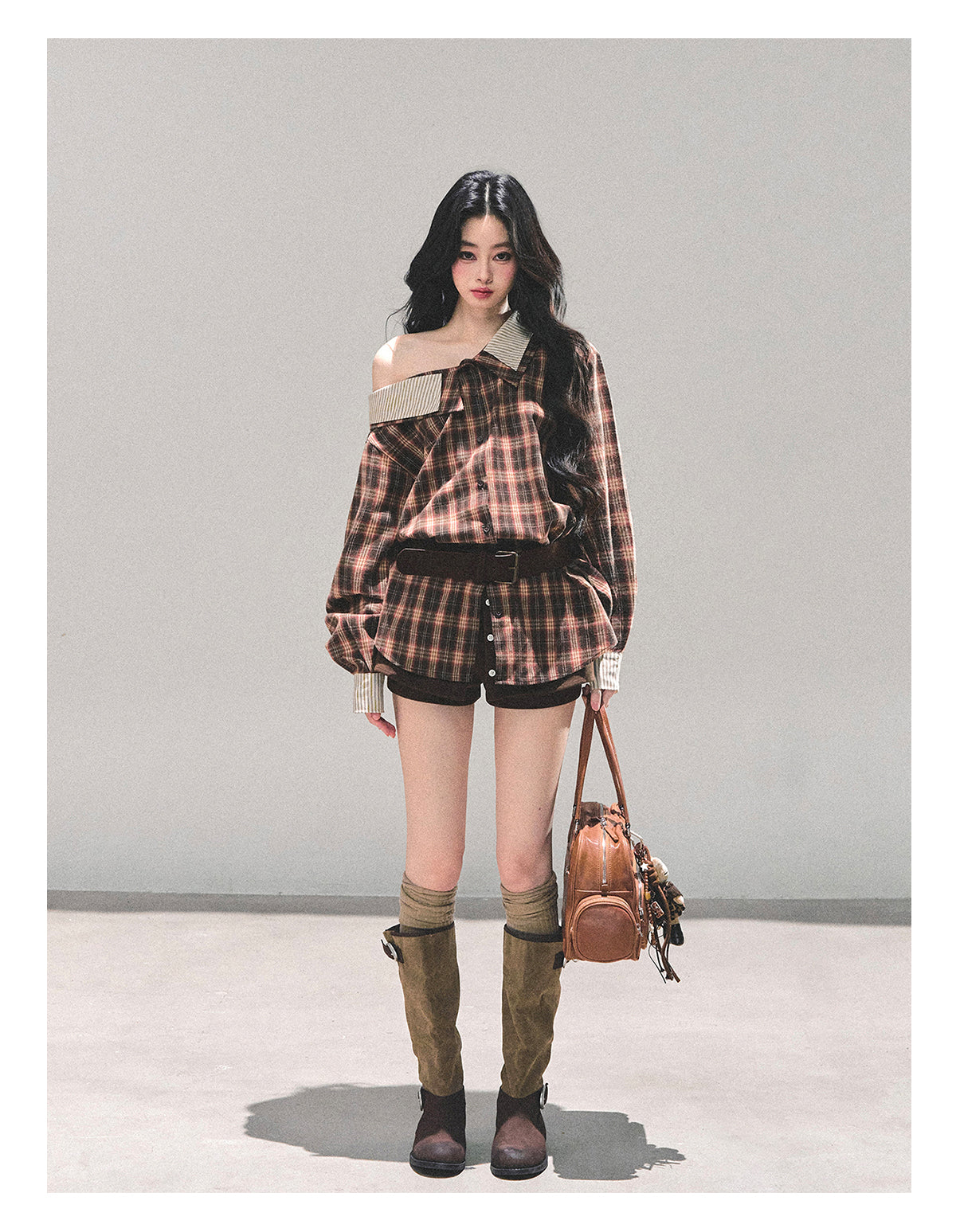 少也眼 “The Street She Passed” Off-Shoulder Plaid Shirt with Belt - Mocha Brown 45368364