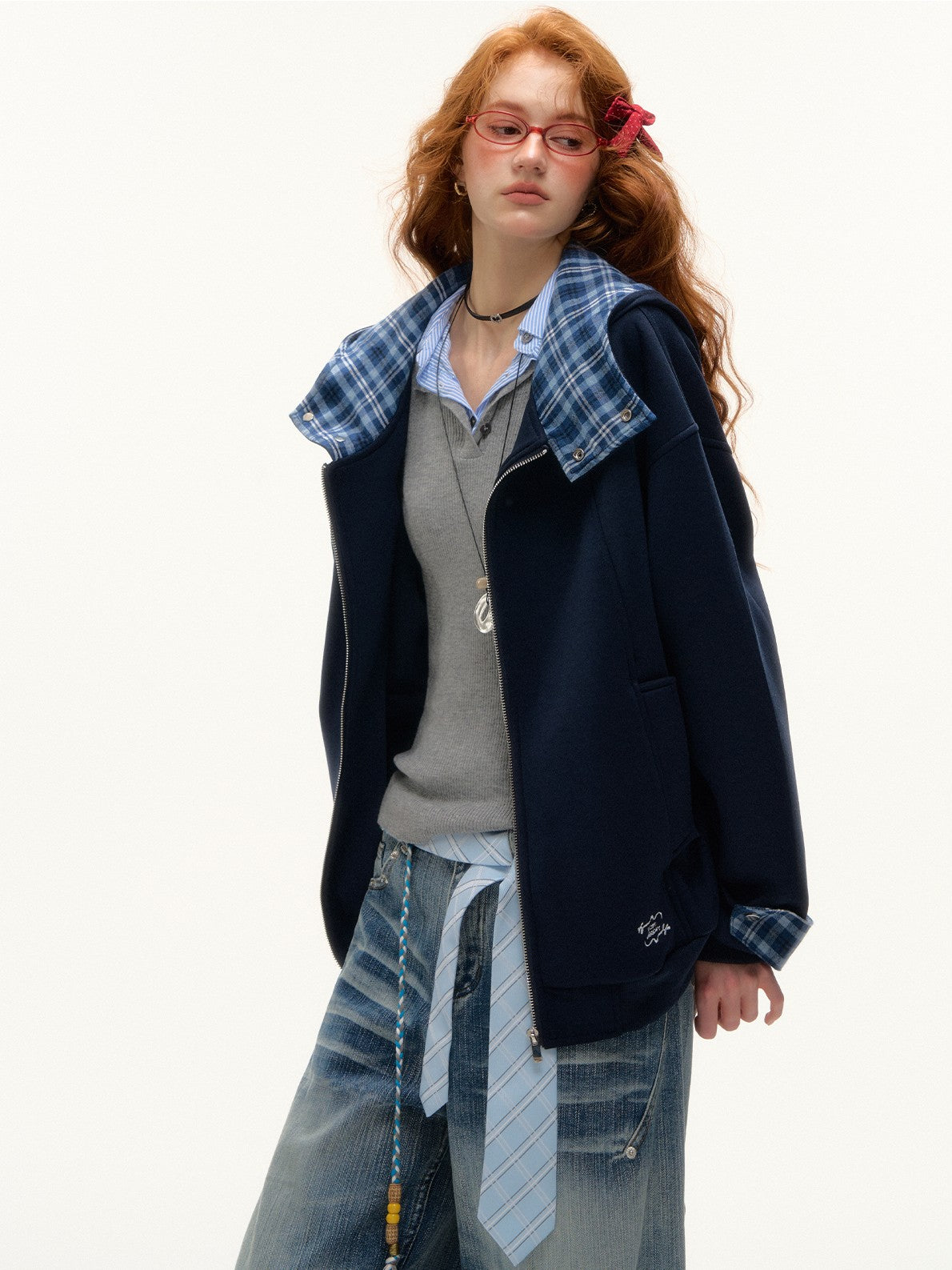 ASGONY - Plaid-Lined Oversized Hoodie Jacket (Navy)