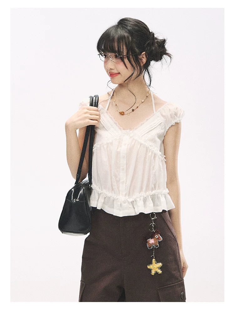 "French Meadow Romance" Ivory Lace Trim Halter Tie V-Neck Cotton Blouse