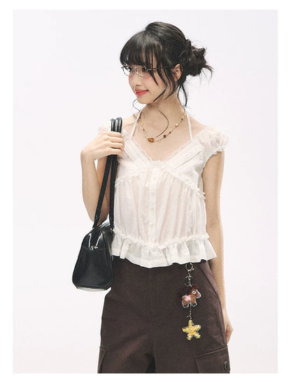 "French Meadow Romance" Ivory Lace Trim Halter Tie V-Neck Cotton Blouse