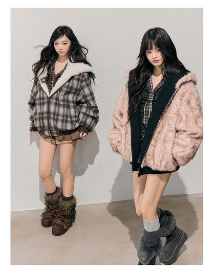 少也眼 “Pride & Prejudice” Reversible Oversize Jacket – Black & Blue Plaid