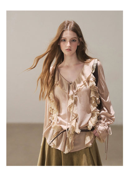 AOMALM - "A Featherlight Touch" French Camellia White Lace Chiffon Top with Belt (Camellia / Oatmeal / Cinnamon Pink)