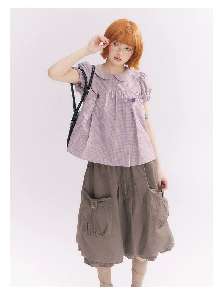 “Sweet & Cool Girl” Taupe Bow Drawstring High-Waist A-Line Cargo Skirt