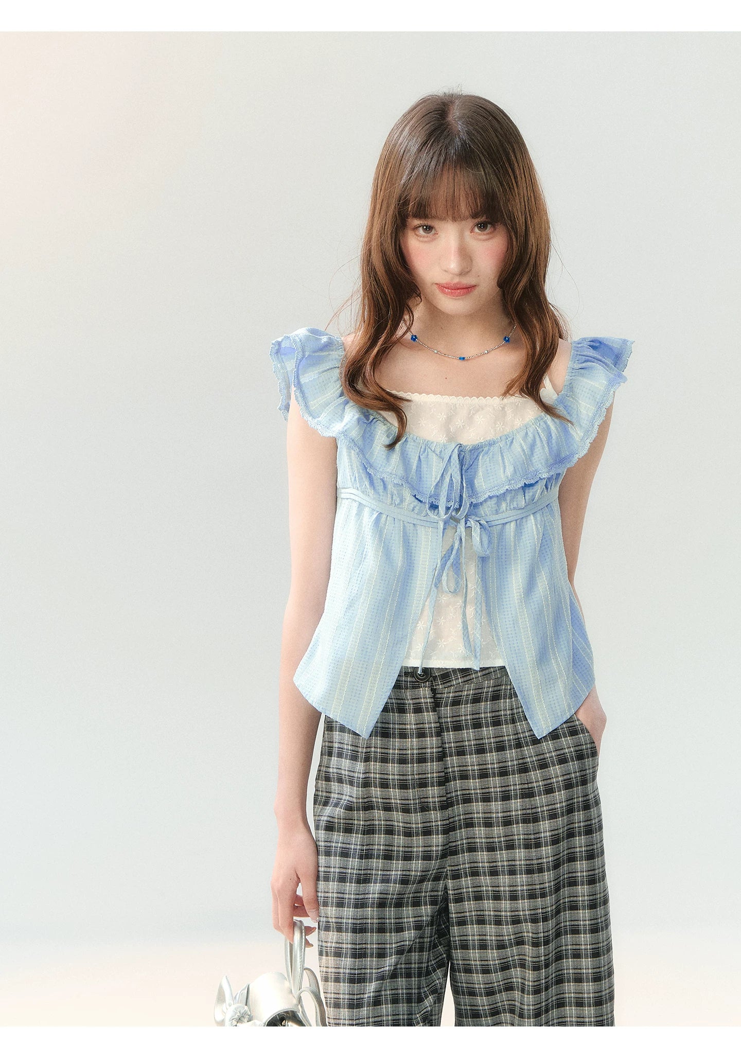 "Blue Mist Academy" Embroidered Off-Shoulder Layered Blouse SH2026204
