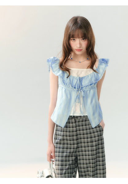 "Blue Mist Academy" Embroidered Off-Shoulder Layered Blouse SH2026204