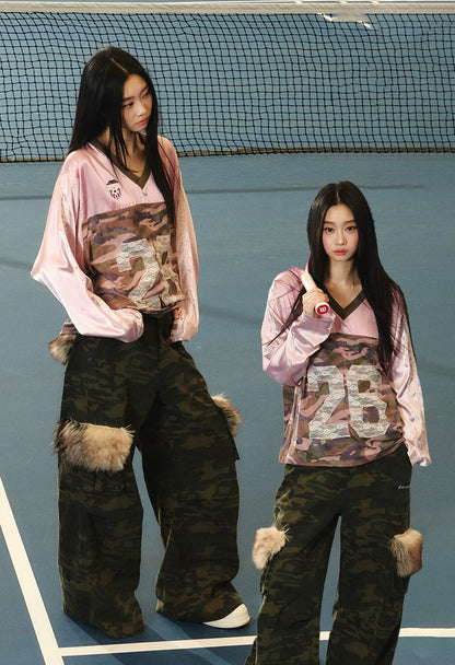 JN's DESIGN - Vintage Camo Wide-Leg Cargo Pants with Faux Fur Pockets