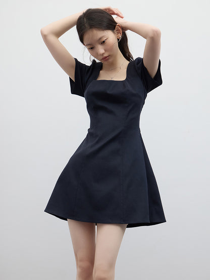 FUSSED Elegant Lady Square-Neck Linen-Cotton Dress – Moon Shadow Blue FOF-25SS079