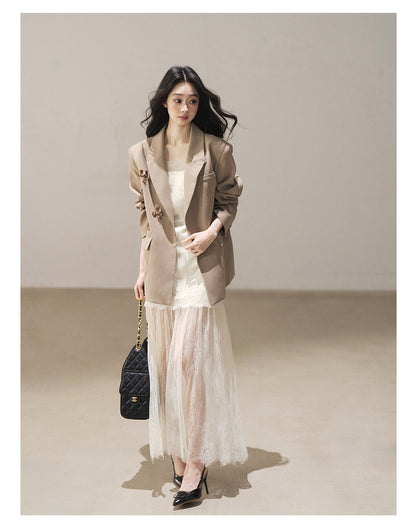 170726 "Your Open Meadow" Cream Apricot White Lace Slip Dress + Gray Taupe Tailored Blazer