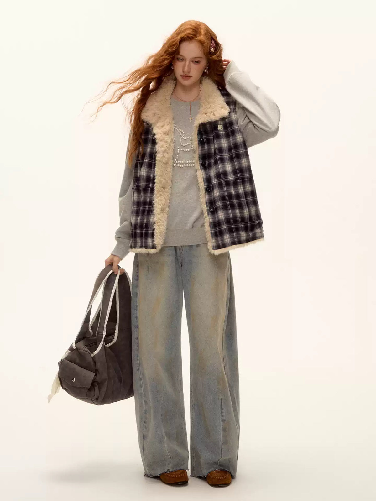 ASGONY - Reversible Plaid & Faux Fur Stand-Collar Vest