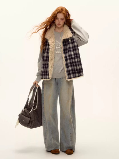 ASGONY - Reversible Plaid & Faux Fur Stand-Collar Vest