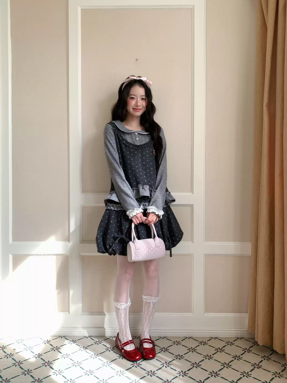 [[RF] “Gray-Toned Layered Charm” Gray Floral Two-Piece Skirt Set