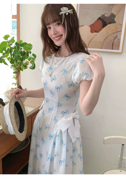 [RF] “Blue Butterfly Letter” Light Blue Floral Bow Midi Dress