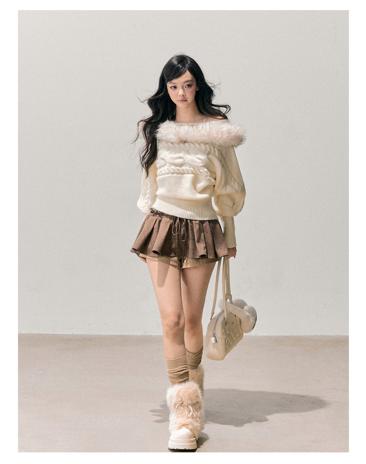 少也眼 “Tea-Scented Dusk” Off-Shoulder Mohair Sweater with Detachable Fur Trim 168459846