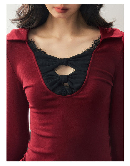少也眼 “Silent Afterecho” Bow-Detail Top - Deep Wine Red