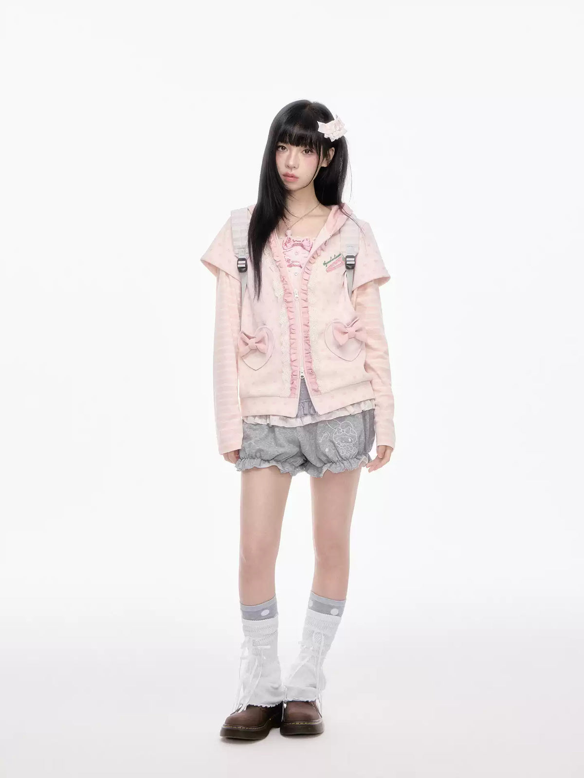 KYOUKO - Pink Hooded Zip-Up Jacket & Gray Ruffle Pants Set