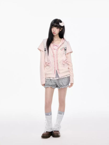 KYOUKO - Pink Hooded Zip-Up Jacket & Gray Ruffle Pants Set