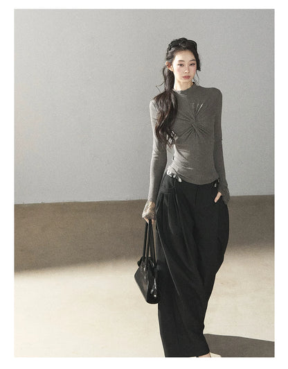 AOMALM - "Midnight Glow" Black Striped Satin Wide-Leg Pants