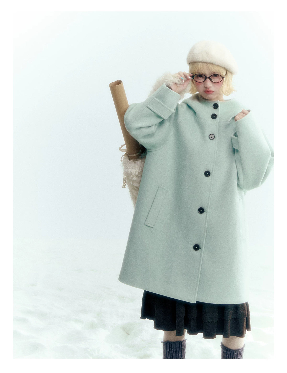 Pale Aqua Green Hooded Cocoon Wool-Blend Coat
