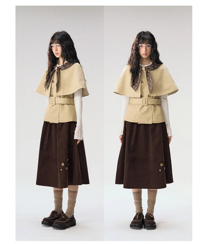 [CAN] "Afternoon Tea Break" Khaki Bow Cape Trench Coat Set