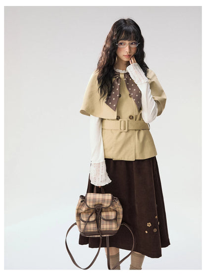 [CAN] "Afternoon Tea Break" Khaki Bow Cape Trench Coat Set