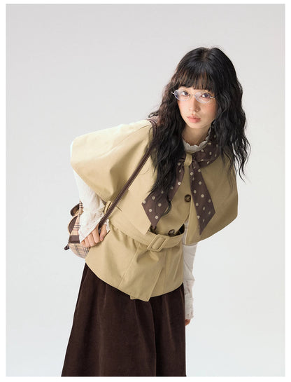 [CAN] "Afternoon Tea Break" Khaki Bow Cape Trench Coat Set
