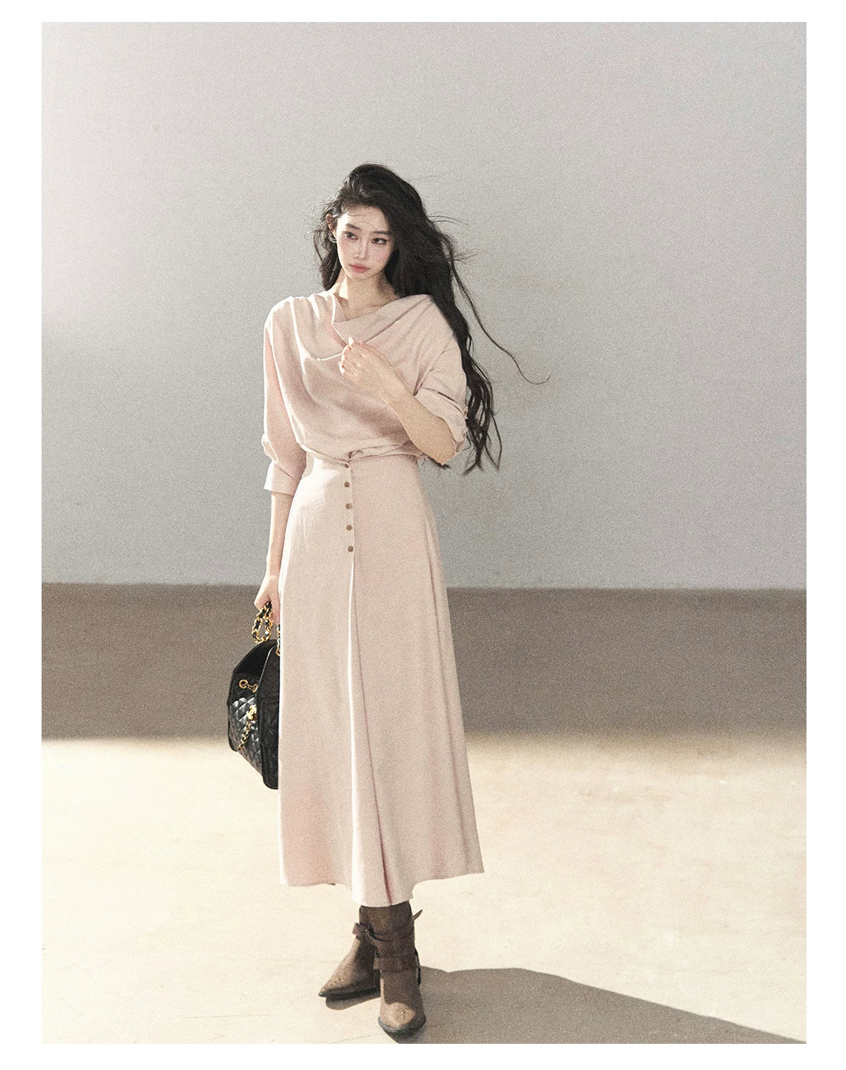 AOMALM - Cinnamon Pink Draped-Neck A-Line Maxi Dress