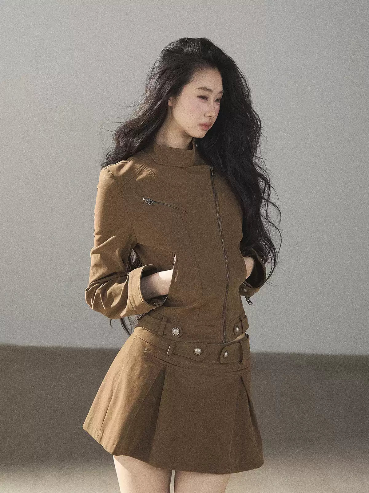 AOMALM - "Olive Autumn" Brown Faux Leather Jacket & Pleated Skirt Set