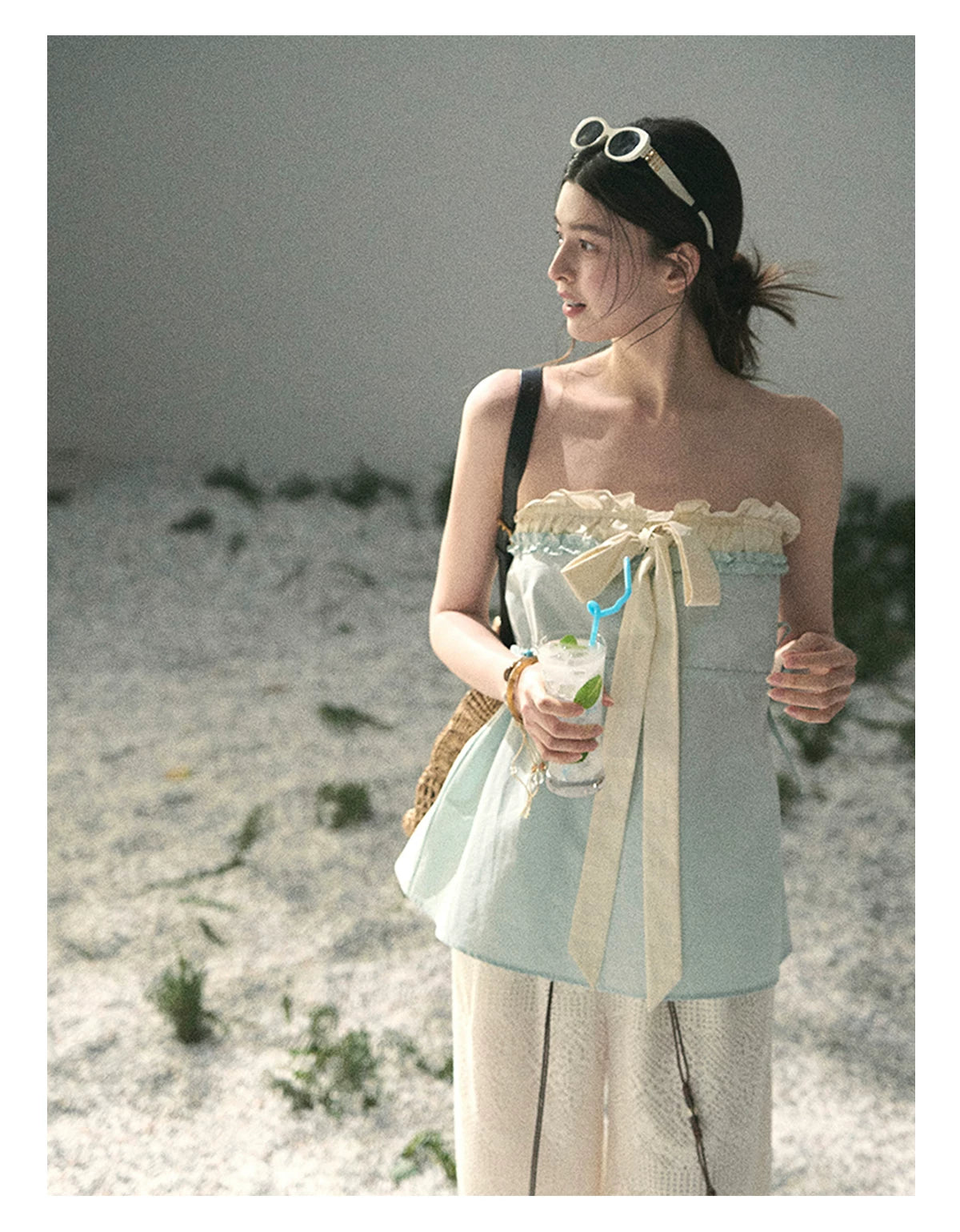 “Blue Whispers on Ivory” Mint Ruffle Bustier Top