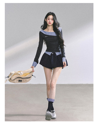 少也眼 Lester Style Faux Two-Piece Plaid Sweatshirt