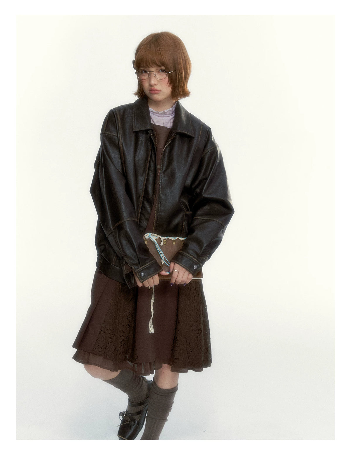"Caramel Afterglow" Cocoa Brown Lace-Trim A-Line Dress Set with Purple Plaid Layering Top