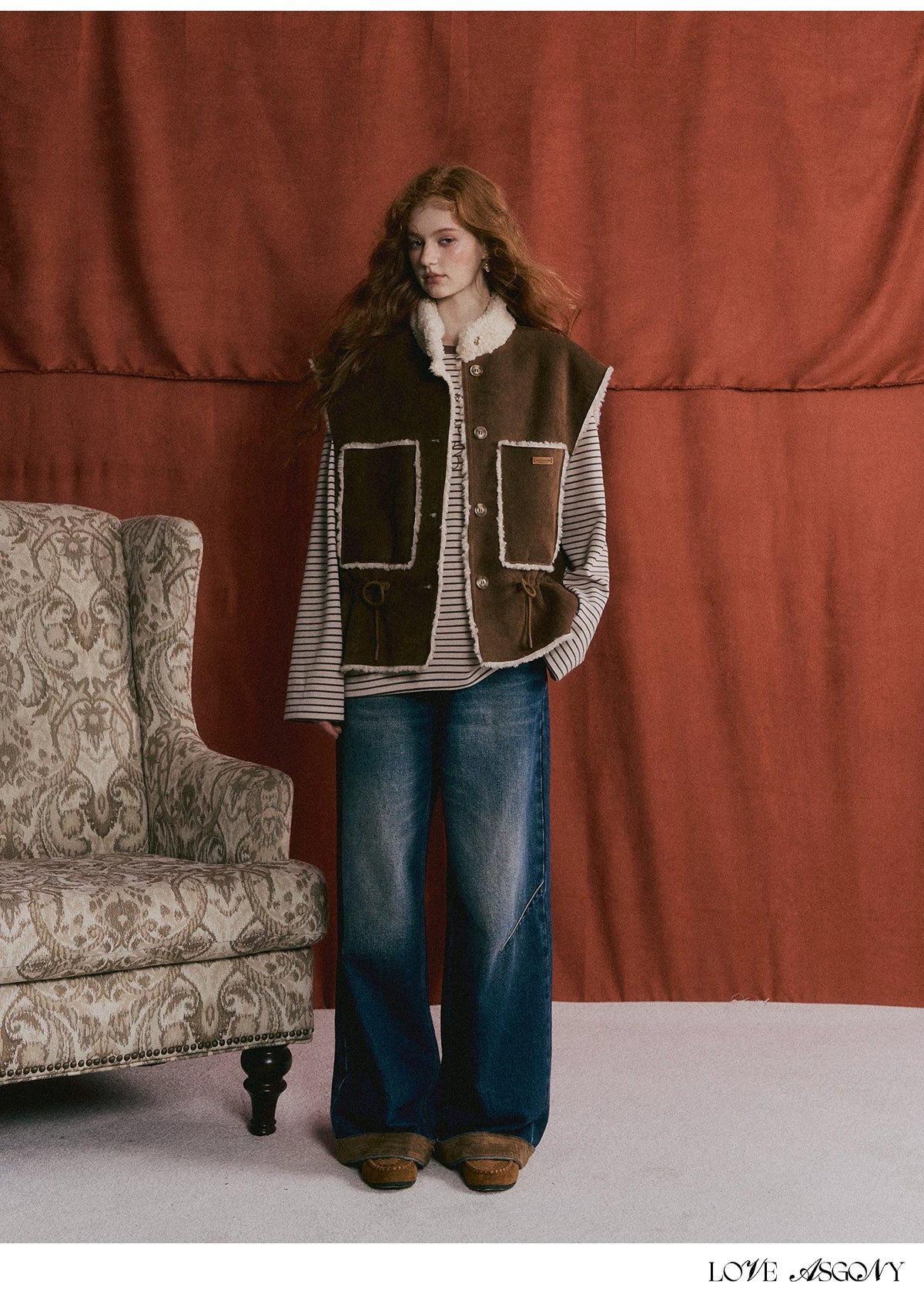 ASGONY - Brown Reversible Suede Faux Shearling Drawstring Vest