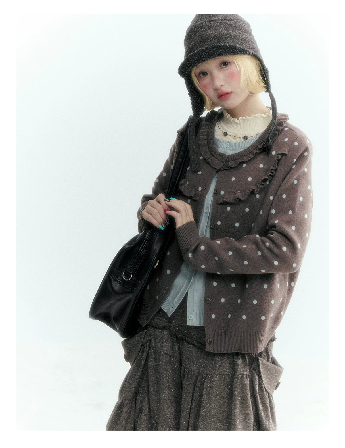 Dark Taupe Brown Polka Dot Layered Knit Sweater