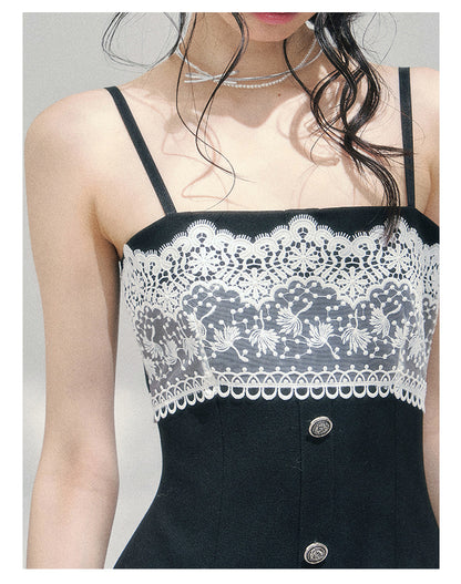 “Midnight Soliloquy” Black Lace Slip Mini Dress