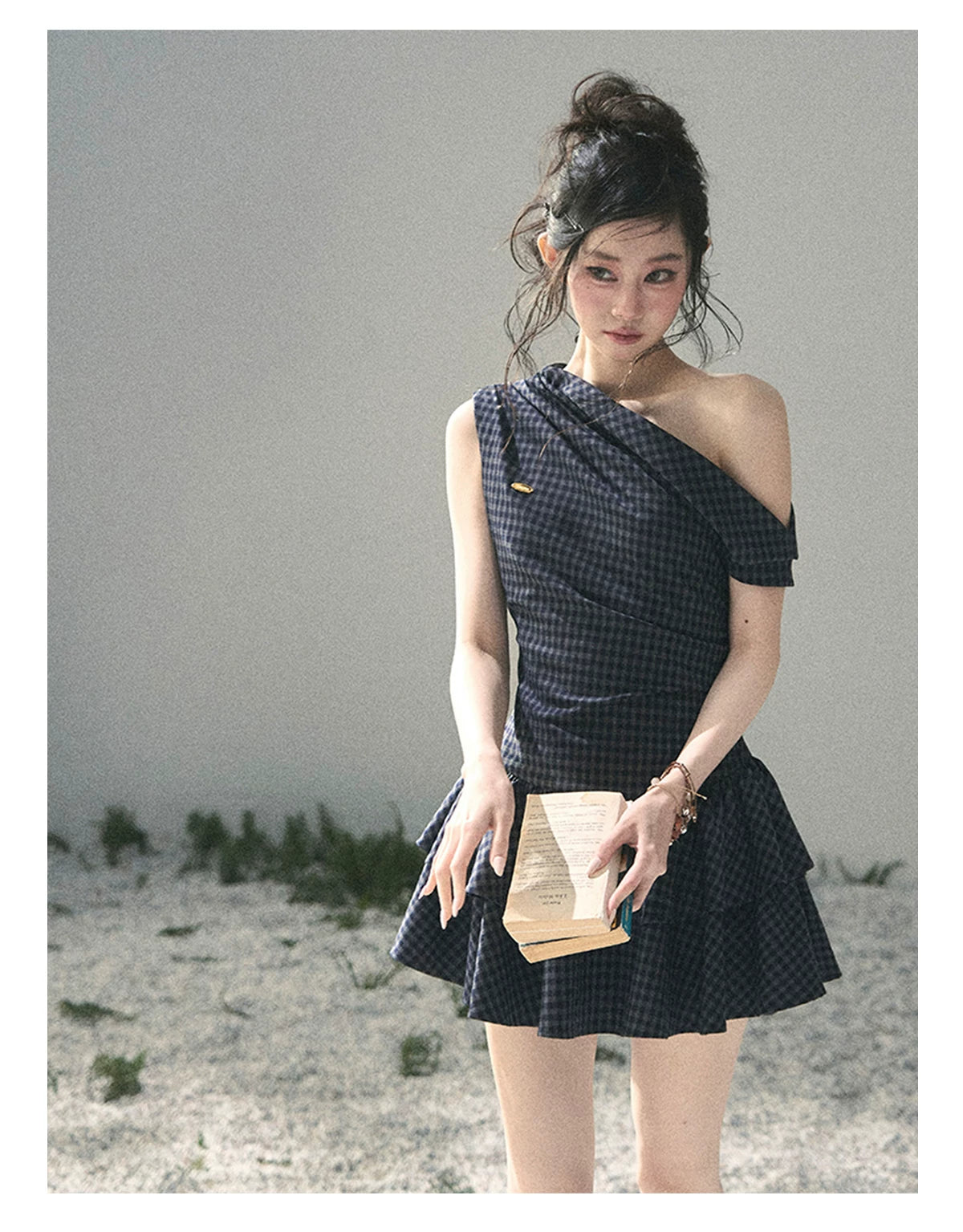 "Moonlit Bellflower Reverie" Navy Plaid One-Shoulder Mini Dress 567474