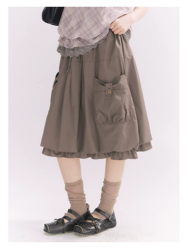“Sweet & Cool Girl” Taupe Bow Drawstring High-Waist A-Line Cargo Skirt