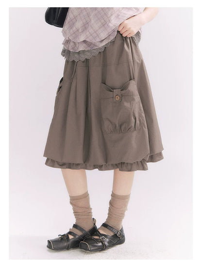 “Sweet & Cool Girl” Taupe Bow Drawstring High-Waist A-Line Cargo Skirt