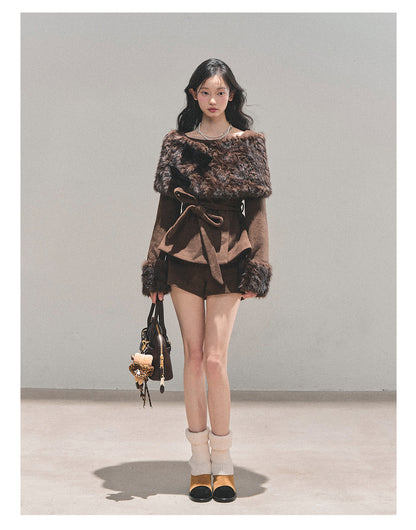 少也眼 “Drifting Through Her Dreams” – Winter Luxe Three-Piece Cape Set - Chestnut Brown 8746513