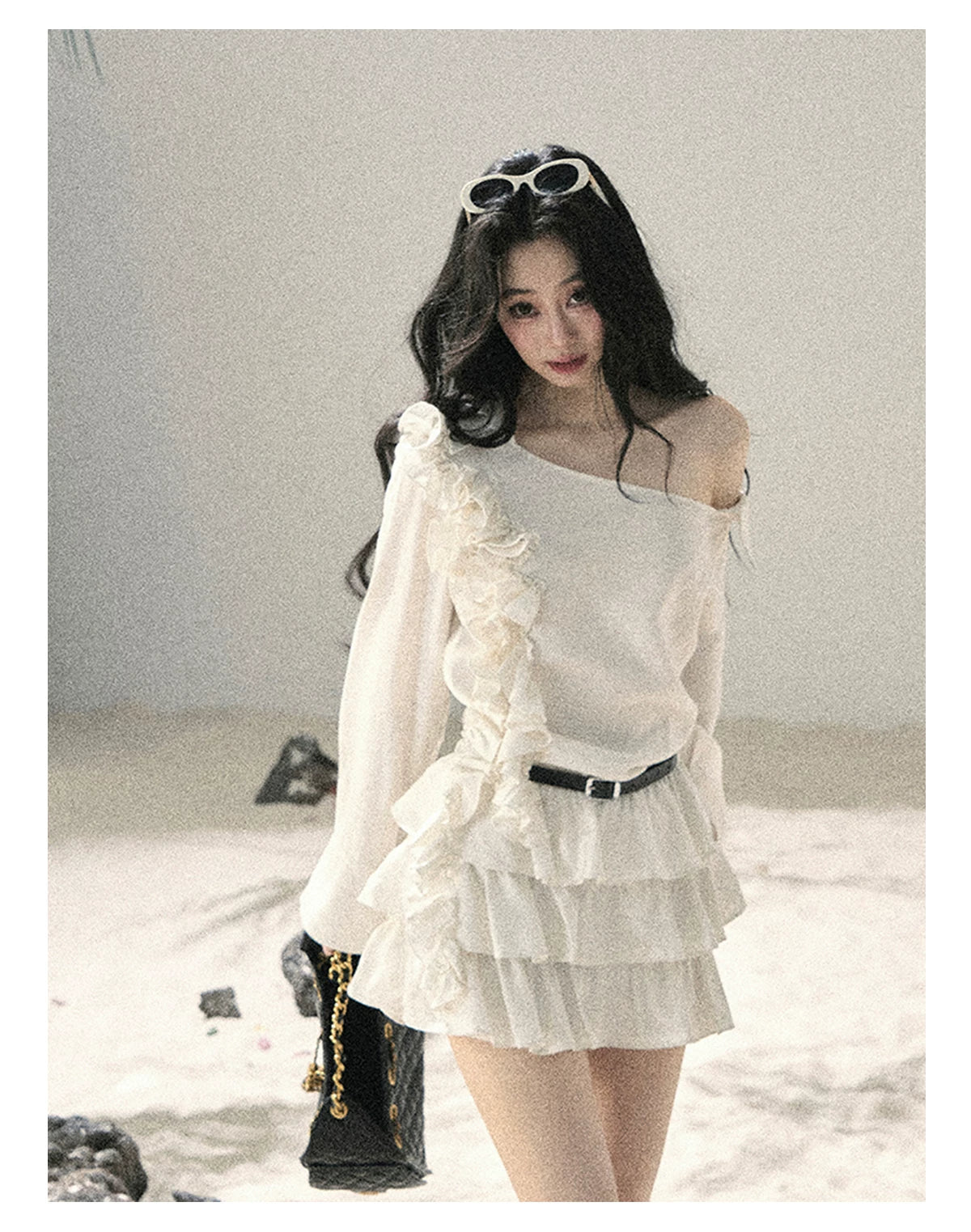 "Petals of Early Summer" Mist White Ruffle One-Shoulder Cake Dress (With Belt) 58648