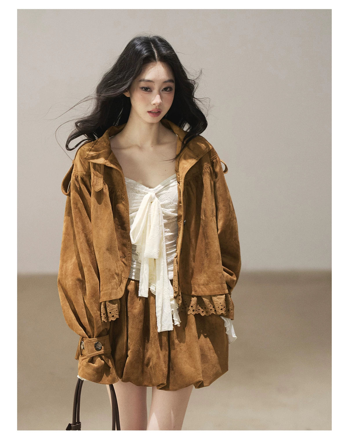 AOMALM - "Wind Through the Valley" Toasted Pecan Brown Faux Suede Jacket & Mini Skirt Set