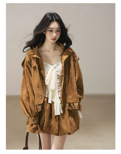 AOMALM - "Wind Through the Valley" Toasted Pecan Brown Faux Suede Jacket & Mini Skirt Set