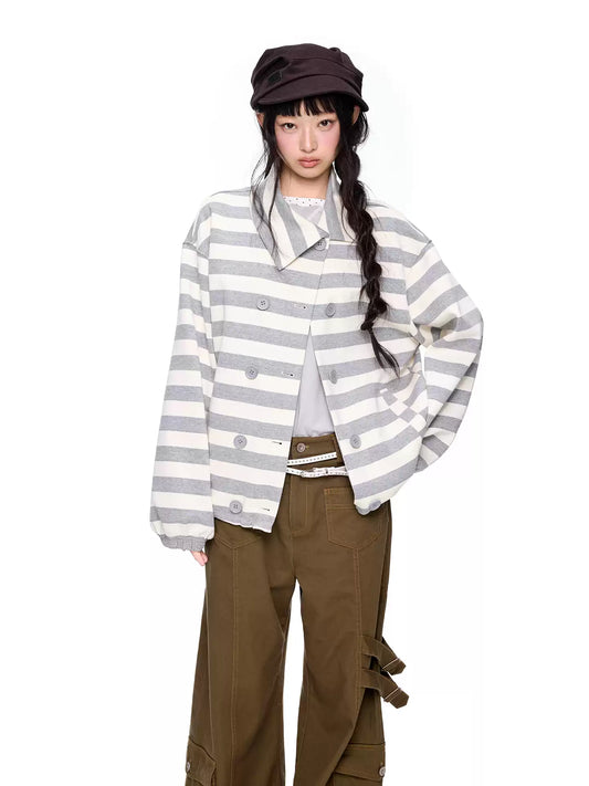 EZEK | Striped Asymmetrical Collar Cardigan Sweatshirt with Double-Breasted Buttons