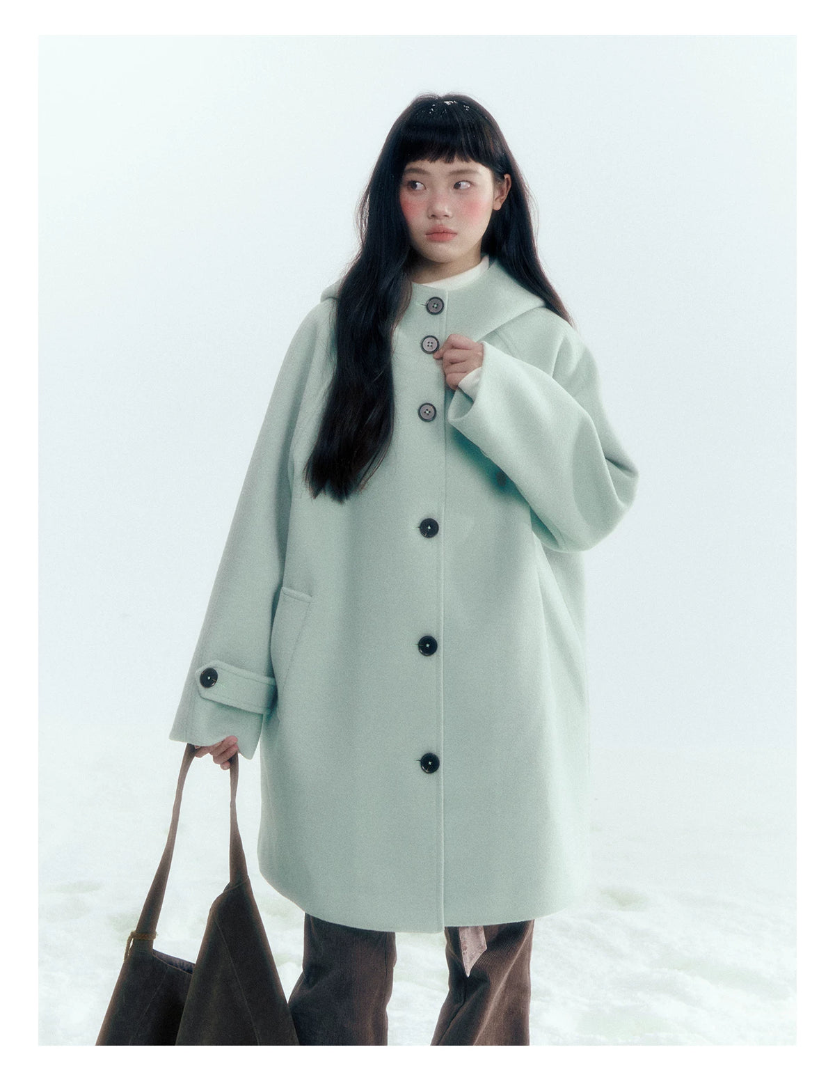 Pale Aqua Green Hooded Cocoon Wool-Blend Coat