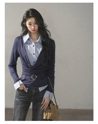 AOMALM - "Top of the Class" Navy & Black-Gray Striped Layered Long Sleeve Top (Navy / Black-Gray)