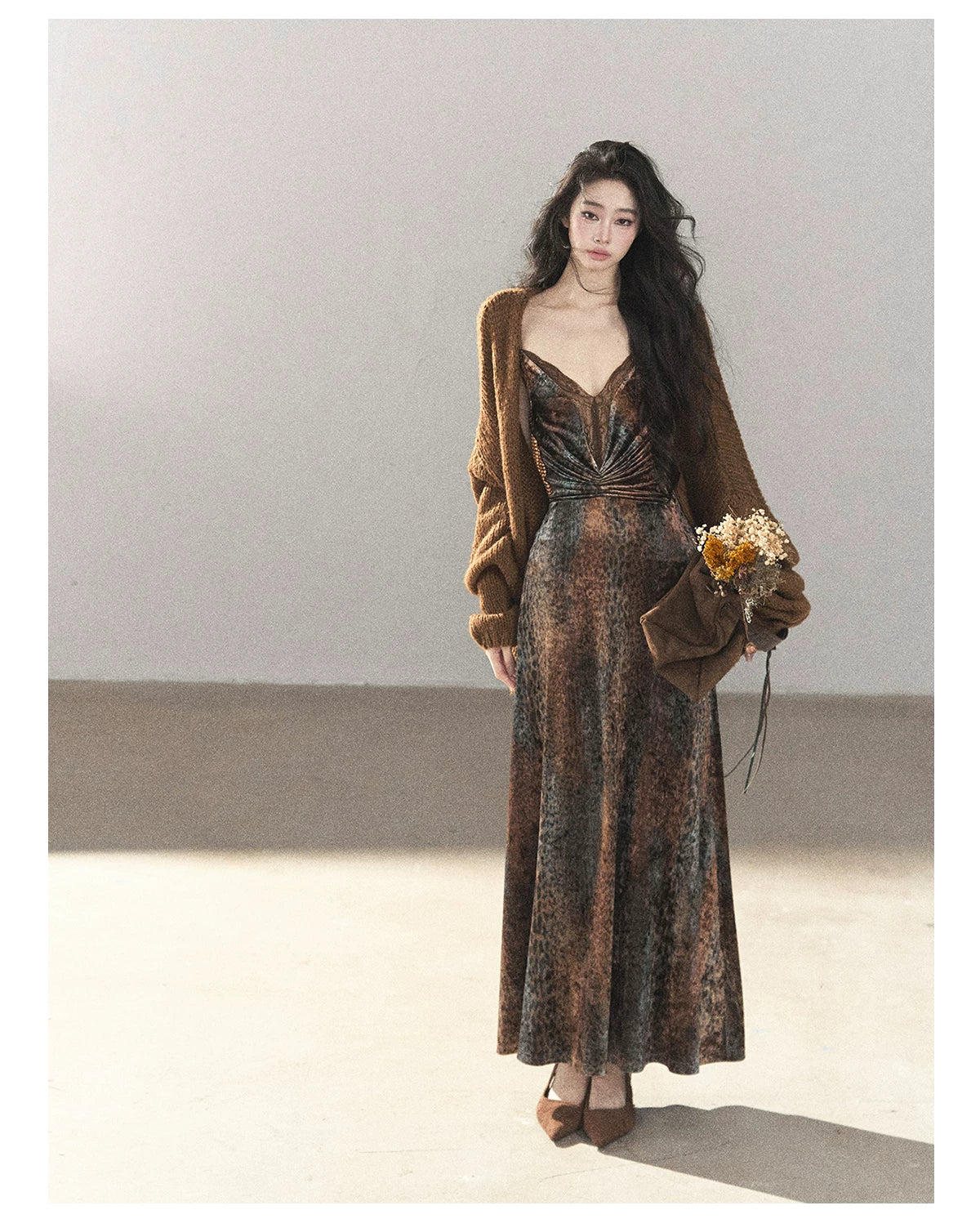 AOMALM - "Draped in Wild Wind" Cocoa Brown Leopard Flocked Bias-Cut Mermaid Maxi Dress (With Matching Hair Tie)