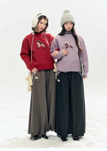 "Bunny Tea Party" Fleece-Lined Balloon Wide-Leg Pants (Hazelnut Brown/ Midnight Gray)