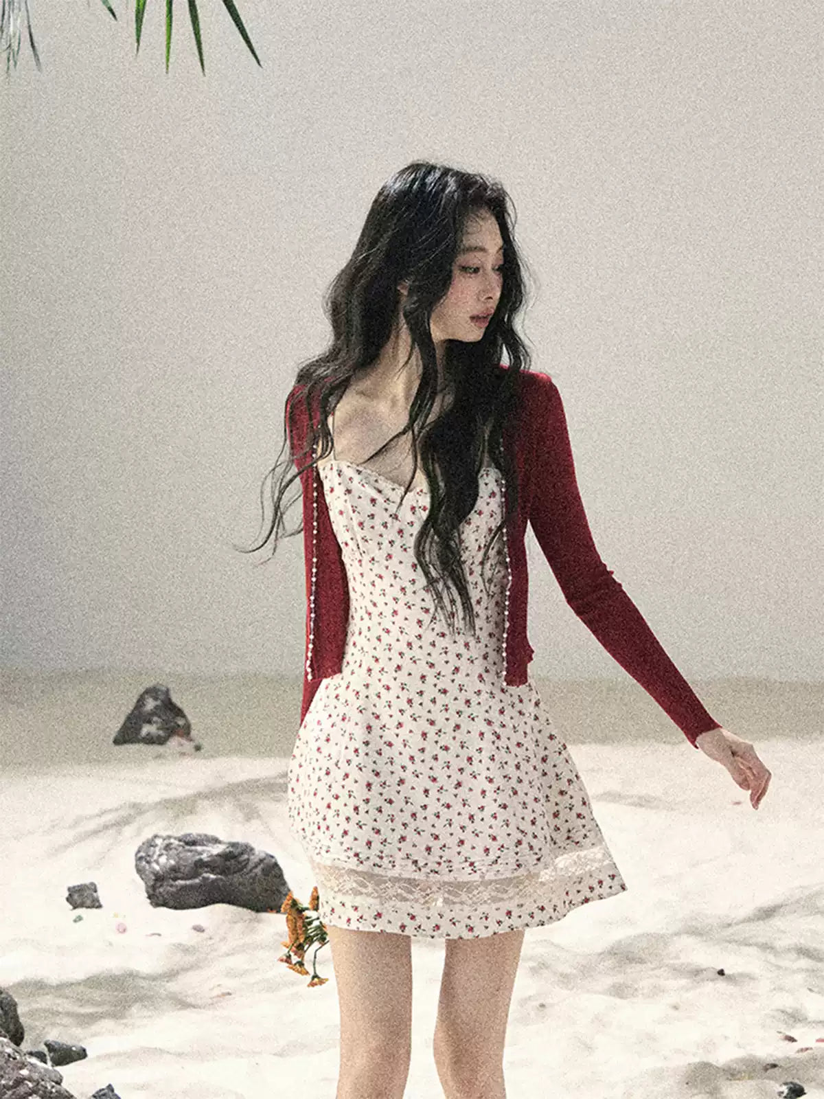 "Blooming Rose Reverie" Cloud White Floral Lace Mini Dress & Burgundy Wine Cardigan 56483