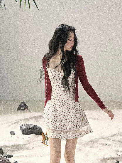 "Blooming Rose Reverie" Cloud White Floral Lace Mini Dress & Burgundy Wine Cardigan 56483