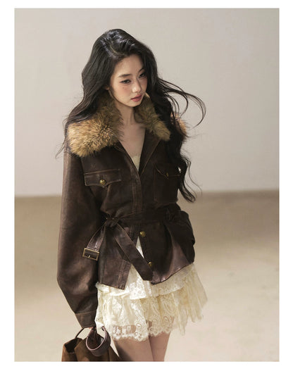 AOMALM - Chestnut Brown Vintage PU Leather Jacket with Faux-Fur Collar & Belt