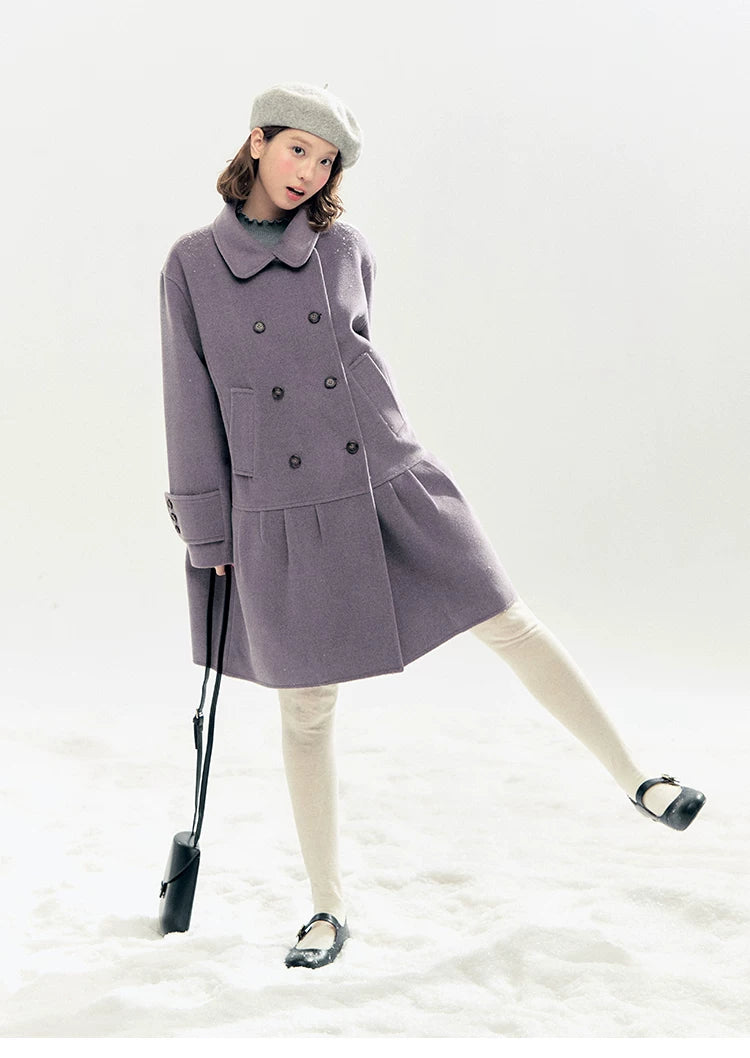 "Winter Chime" Double-Breasted Quilted Wool-Blend Coat (Smoky Purple/ Ash Gray)