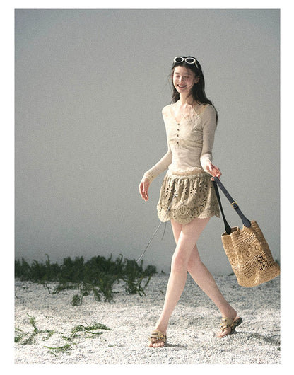 “Traces Left by the Wind” Ash Ivory Lace V-Neck Top